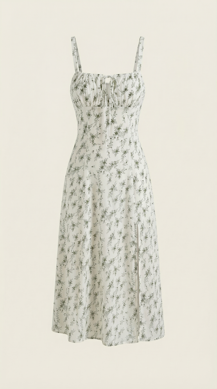 Women's Vintage Floral A-Line Midi Dress - Sweetheart Adjustable Back