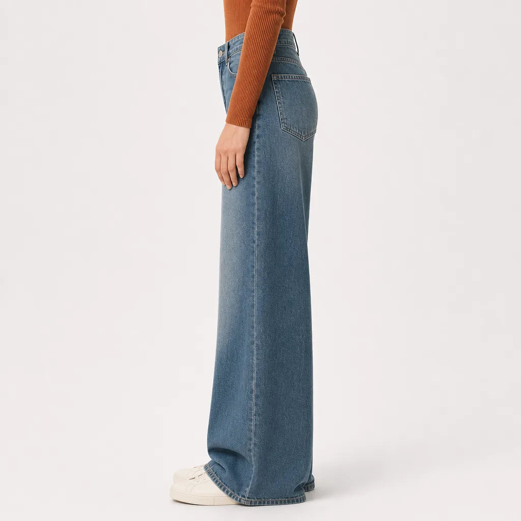 Women's Baggy Wide-Leg Jeans - High-Waisted Faded Vintage Denim
