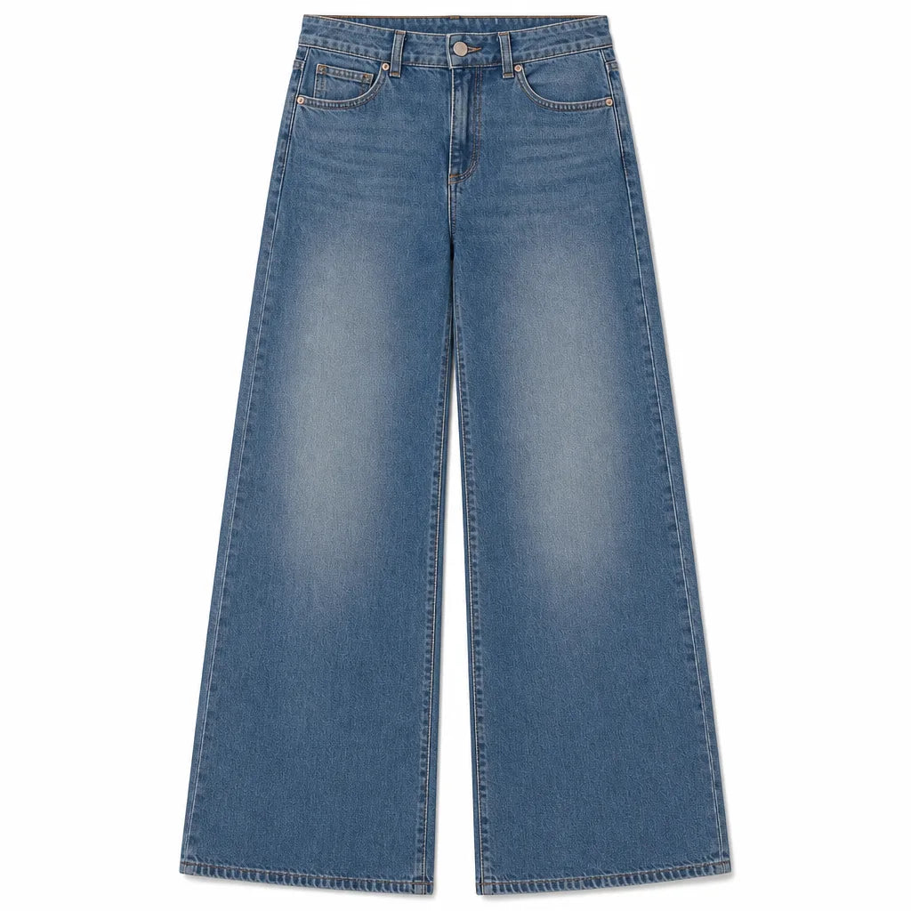 Women's Baggy Wide-Leg Jeans - High-Waisted Faded Vintage Denim