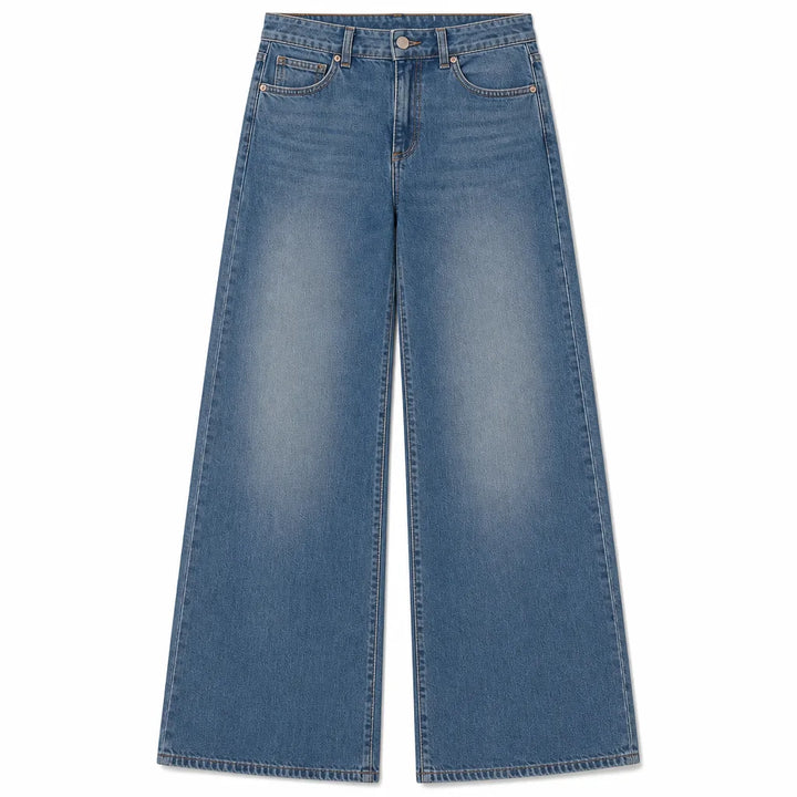 Women's Baggy Wide-Leg Jeans - High-Waisted Faded Vintage Denim