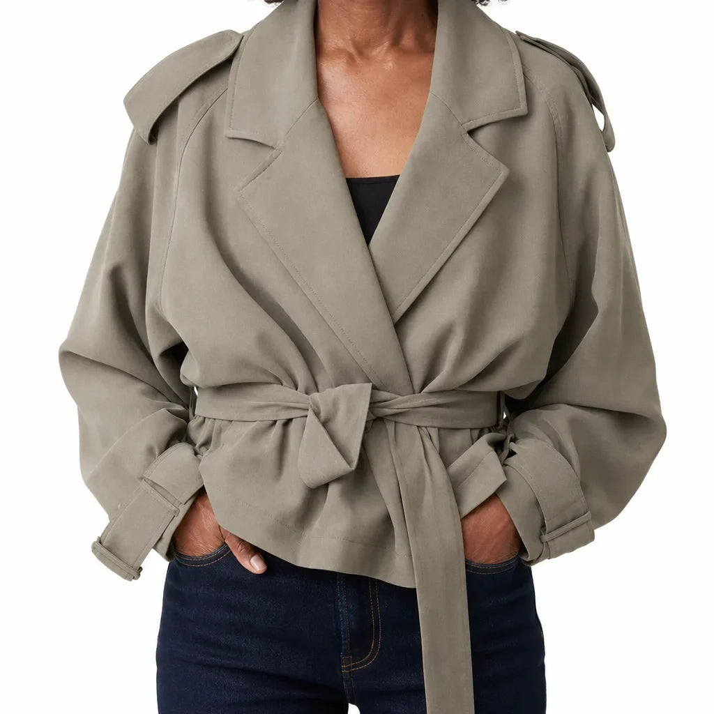 Women's Cropped Trench Jacket - Belted Storm Flap Short Coat