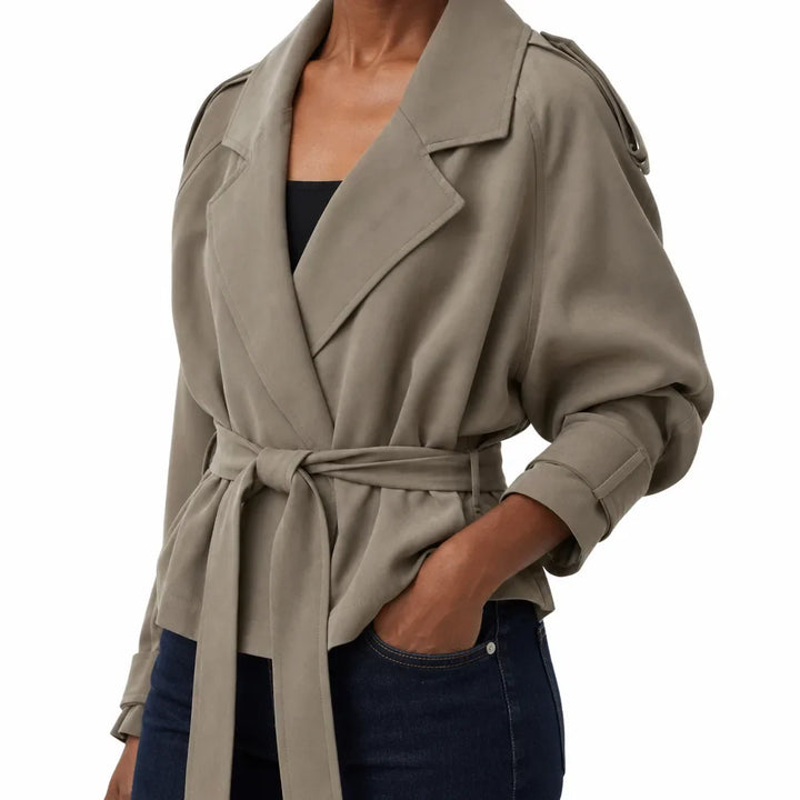 Women's Cropped Trench Jacket - Belted Storm Flap Short Coat