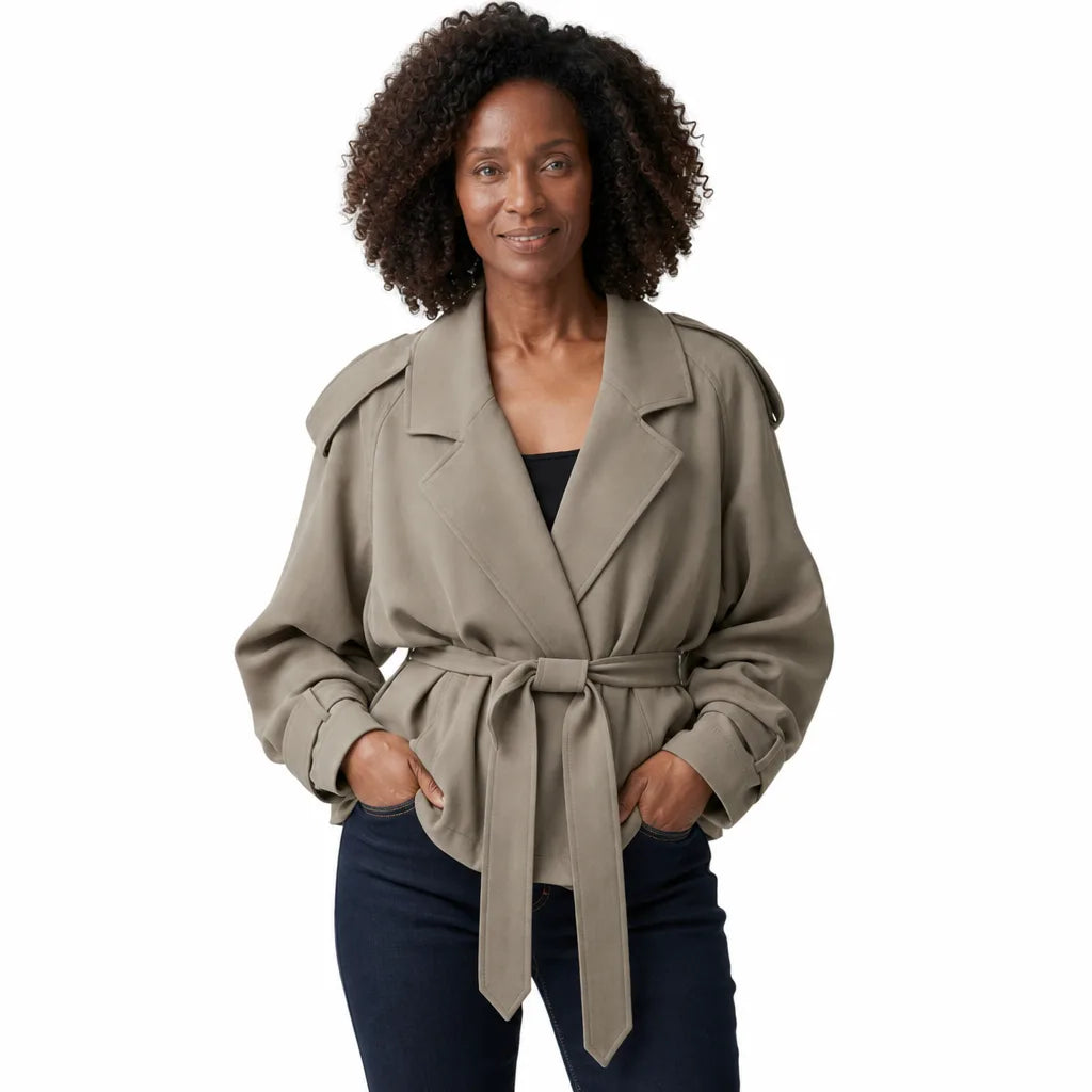 Women's Cropped Trench Jacket - Belted Storm Flap Short Coat