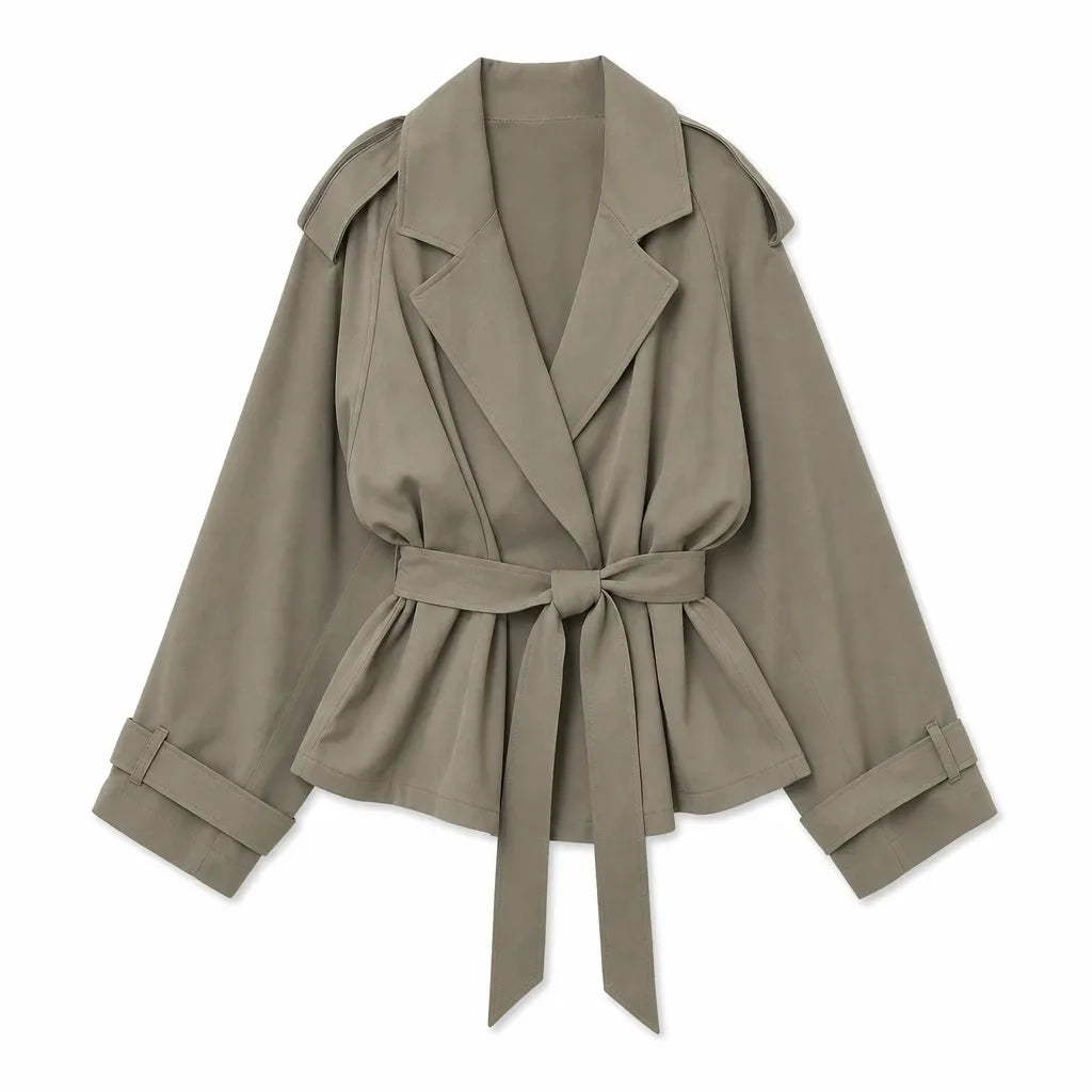 Women's Cropped Trench Jacket - Belted Storm Flap Short Coat