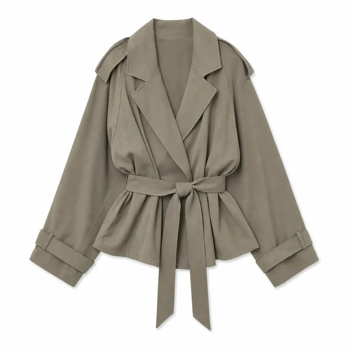 Women's Cropped Trench Jacket - Belted Storm Flap Short Coat