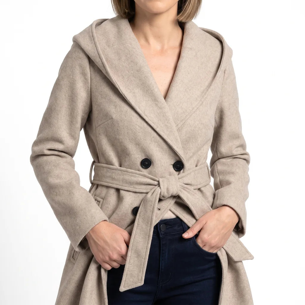 Women's Cropped Trench Coat - Double-Breasted Hooded Jacket