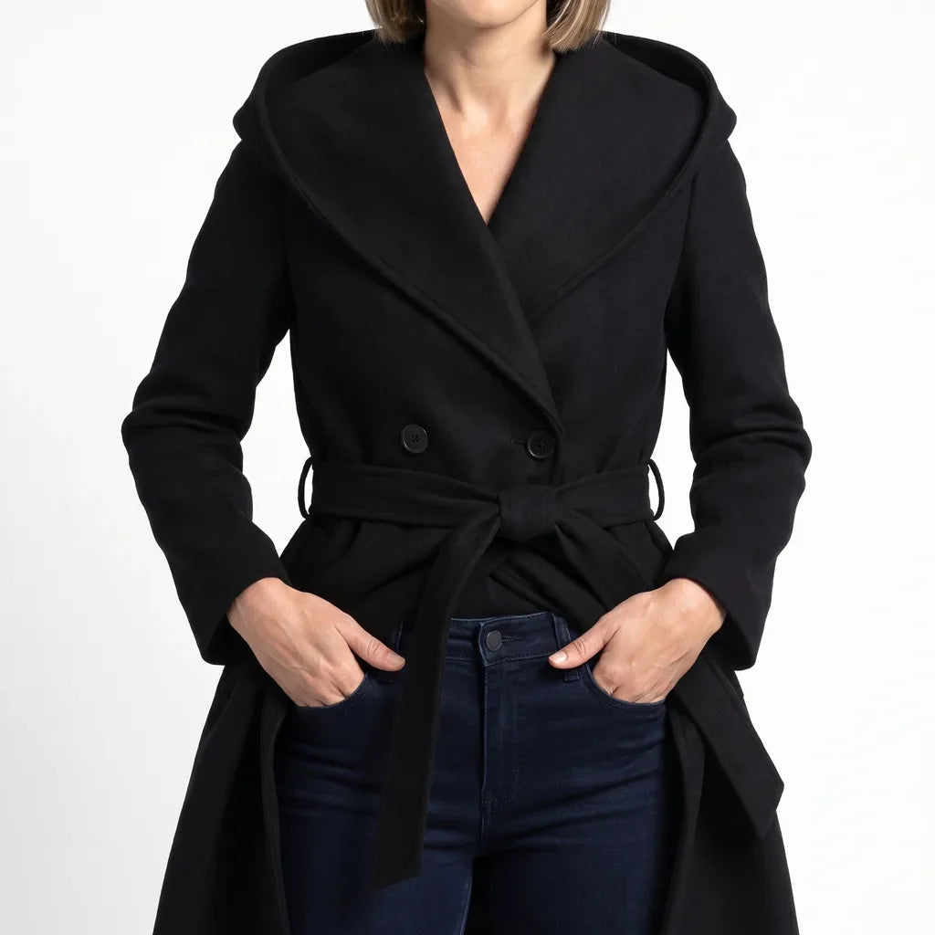 Women's Cropped Trench Coat - Double-Breasted Hooded Jacket