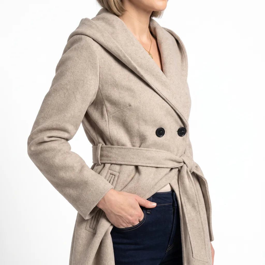 Women's Cropped Trench Coat - Double-Breasted Hooded Jacket