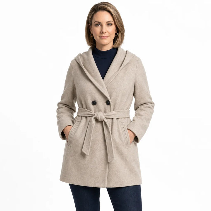 Women's Cropped Trench Coat - Double-Breasted Hooded Jacket