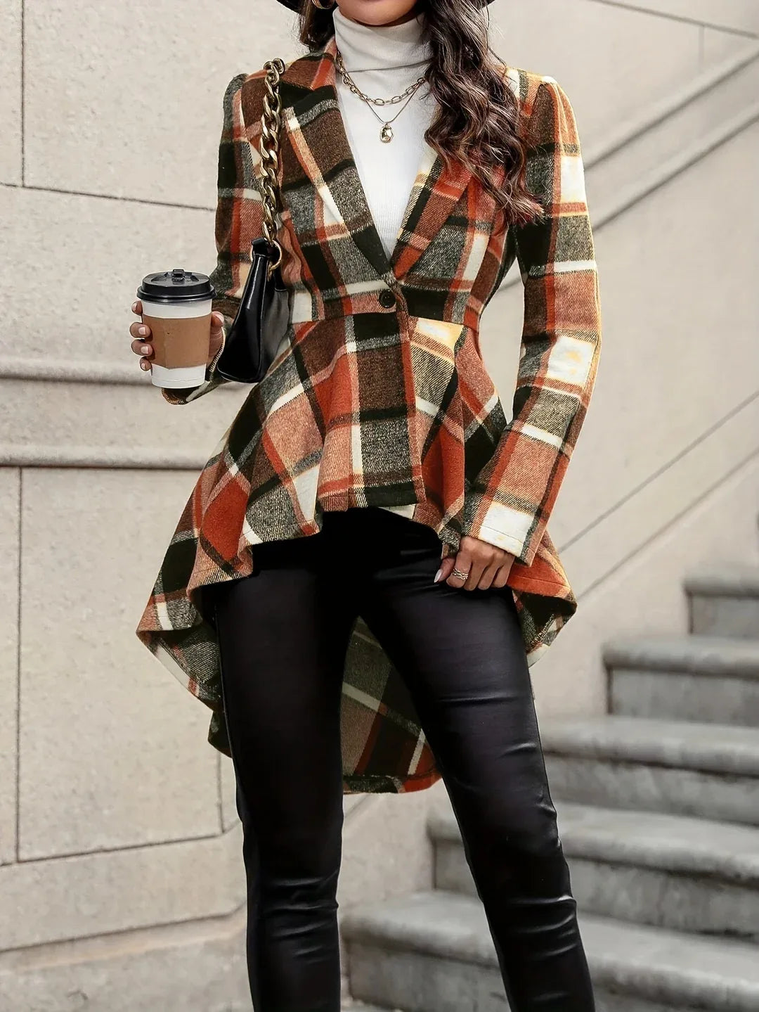 Autumn Plaid Blazer Women Longline Tailored Jacket Coat