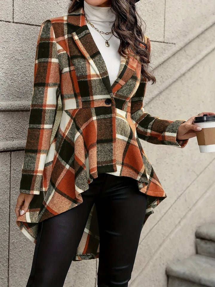 Autumn Plaid Blazer Women Longline Tailored Jacket Coat