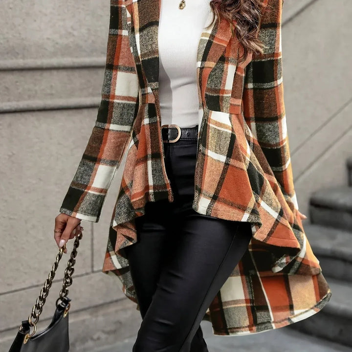 Autumn Plaid Blazer Women Longline Tailored Jacket Coat