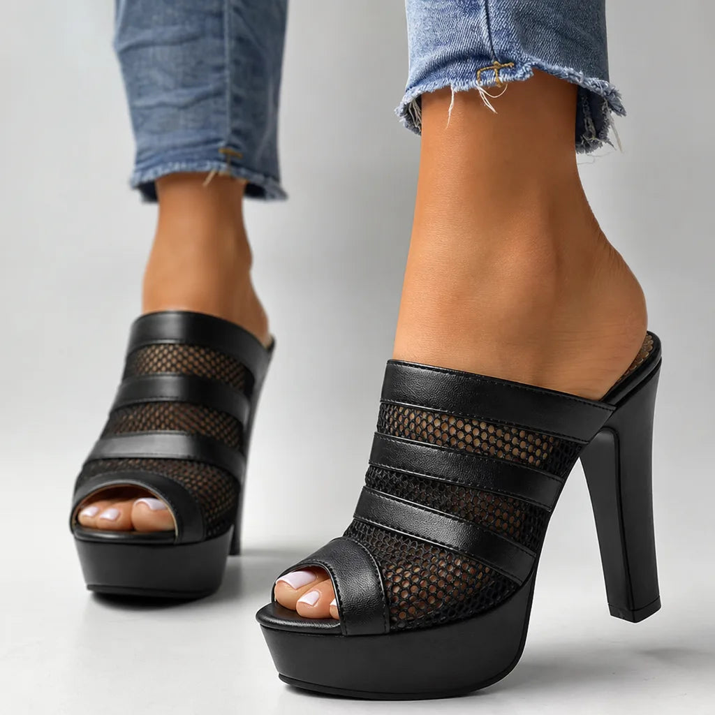 Women's Platform Heel Sandals - Open Toe Slide Mules