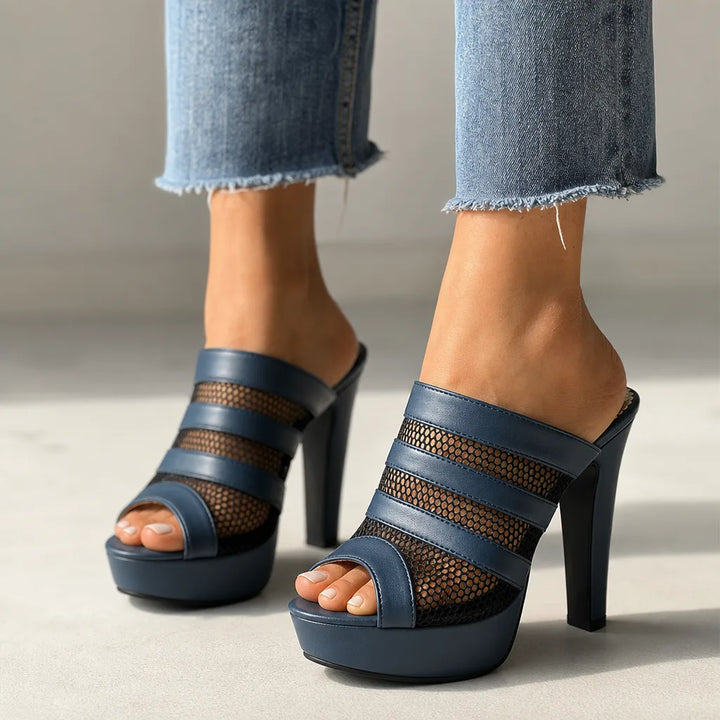 Women's Platform Heel Sandals - Open Toe Slide Mules