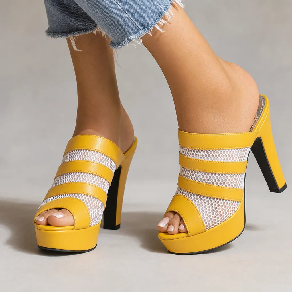 Women's Platform Heel Sandals - Open Toe Slide Mules
