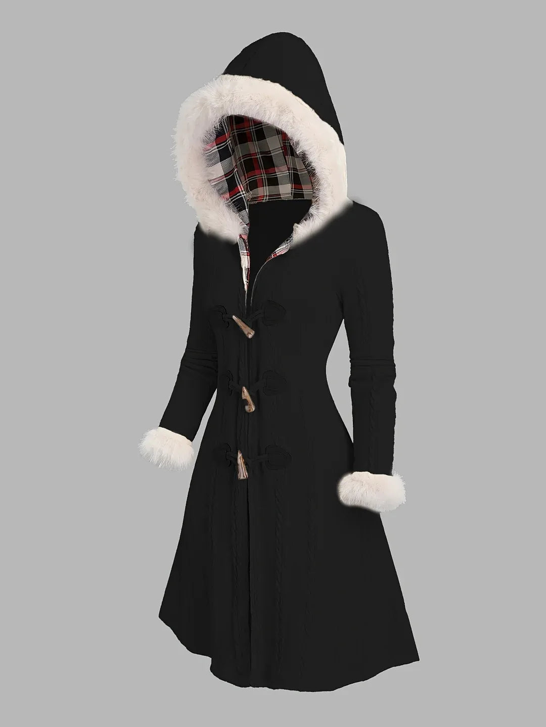 Winter Fur Trim Trench Coat Women Hooded Toggle Longline Coat