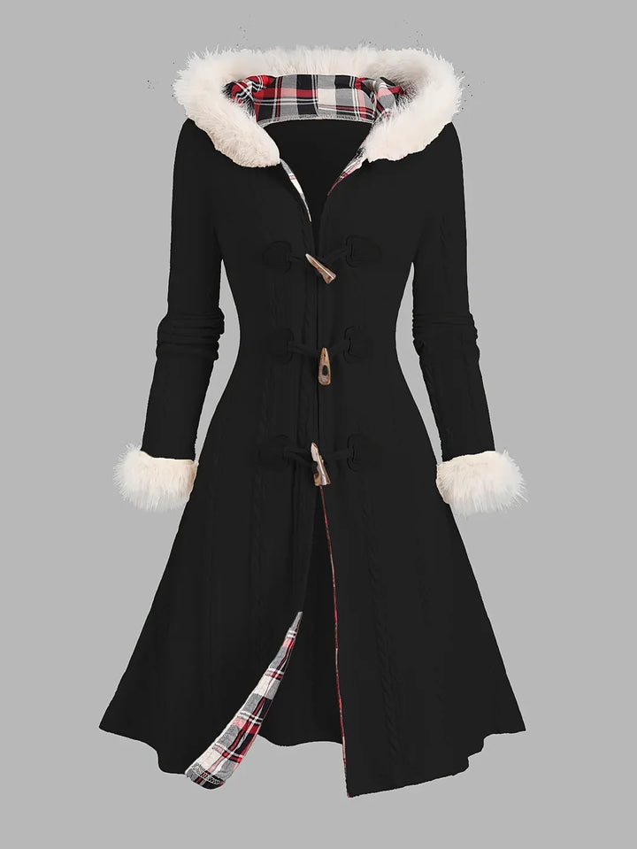 Winter Fur Trim Trench Coat Women Hooded Toggle Longline Coat