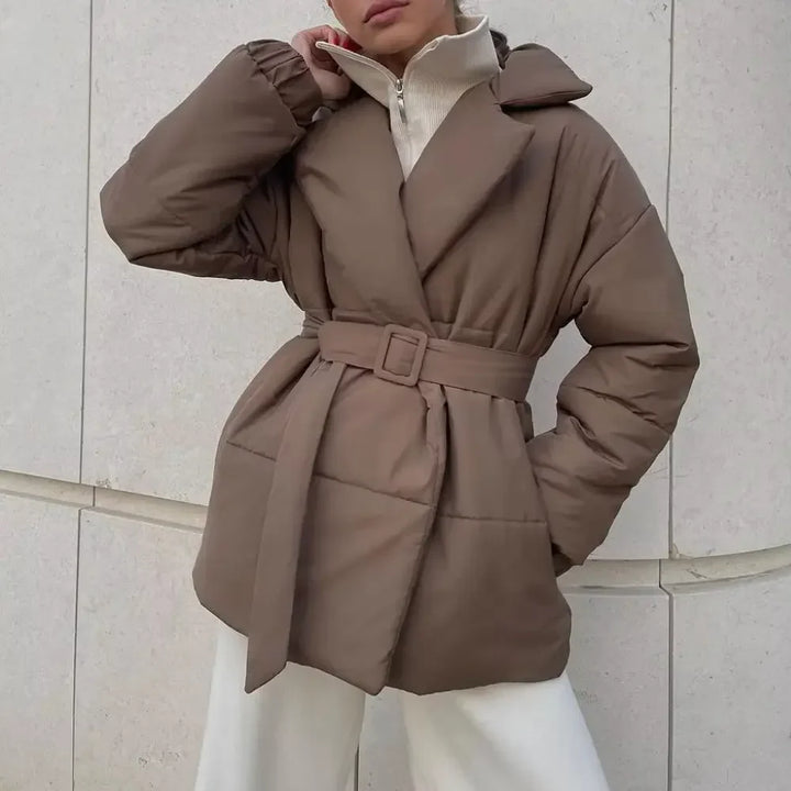 Winter Belted Puffer Jacket Women Wrap Notched Lapel