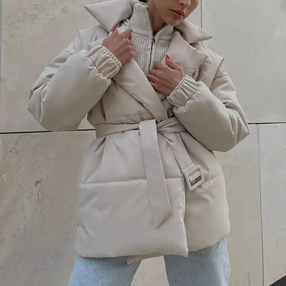 Winter Belted Puffer Jacket Women Wrap Notched Lapel