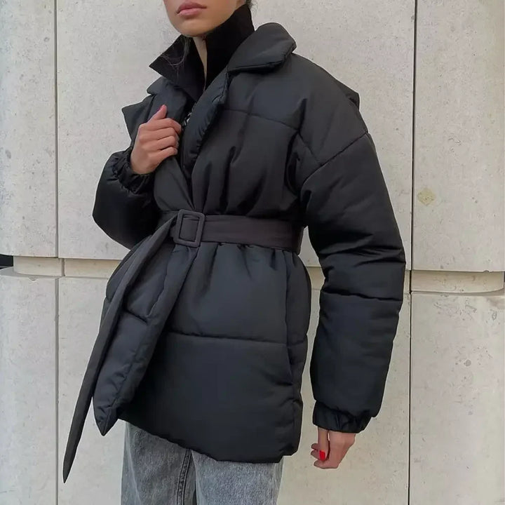 Winter Belted Puffer Jacket Women Wrap Notched Lapel