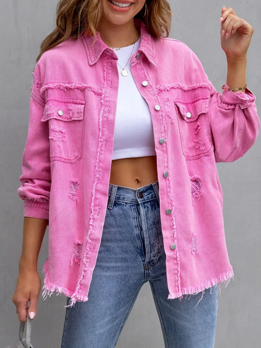 Women’s Distressed Denim Overshirt for Casual Layering
