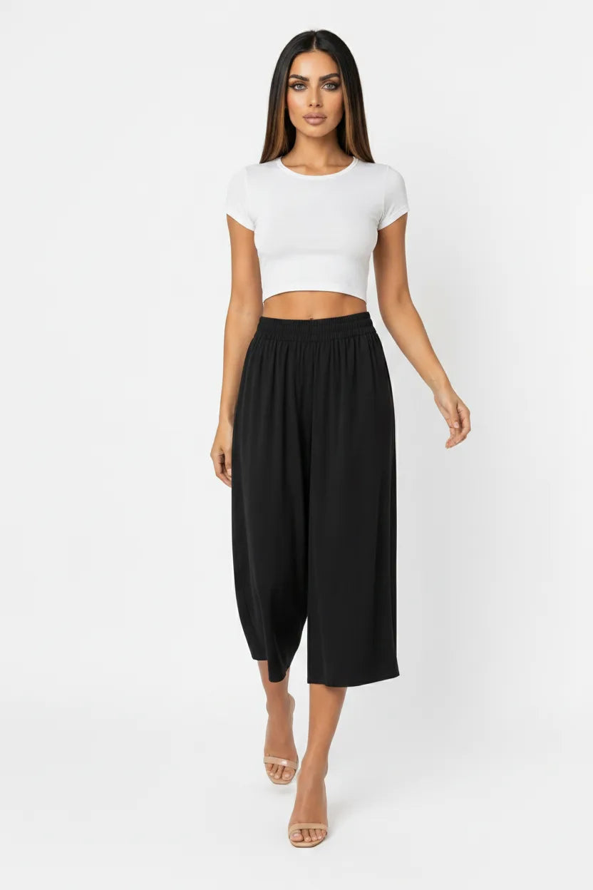 Ula Cropped Wide Leg Culotte With Smocked High Waist