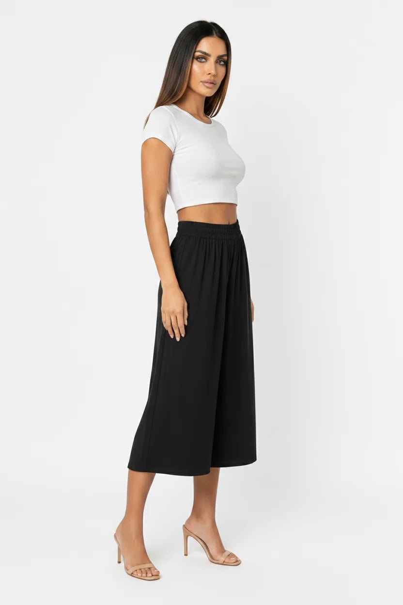Ula Cropped Wide Leg Culotte With Smocked High Waist