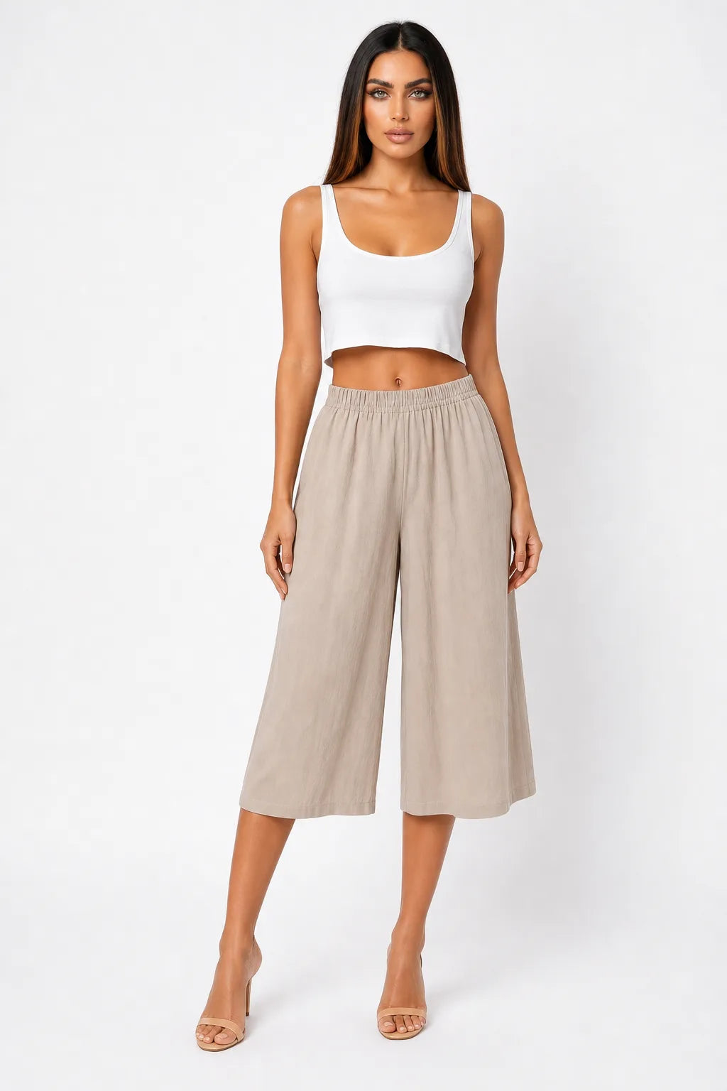 Ula Cropped Wide Leg Culotte With Smocked High Waist