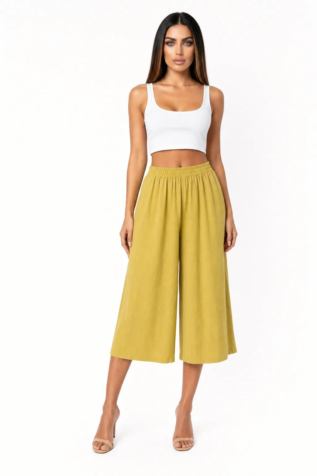 Ula Cropped Wide Leg Culotte With Smocked High Waist