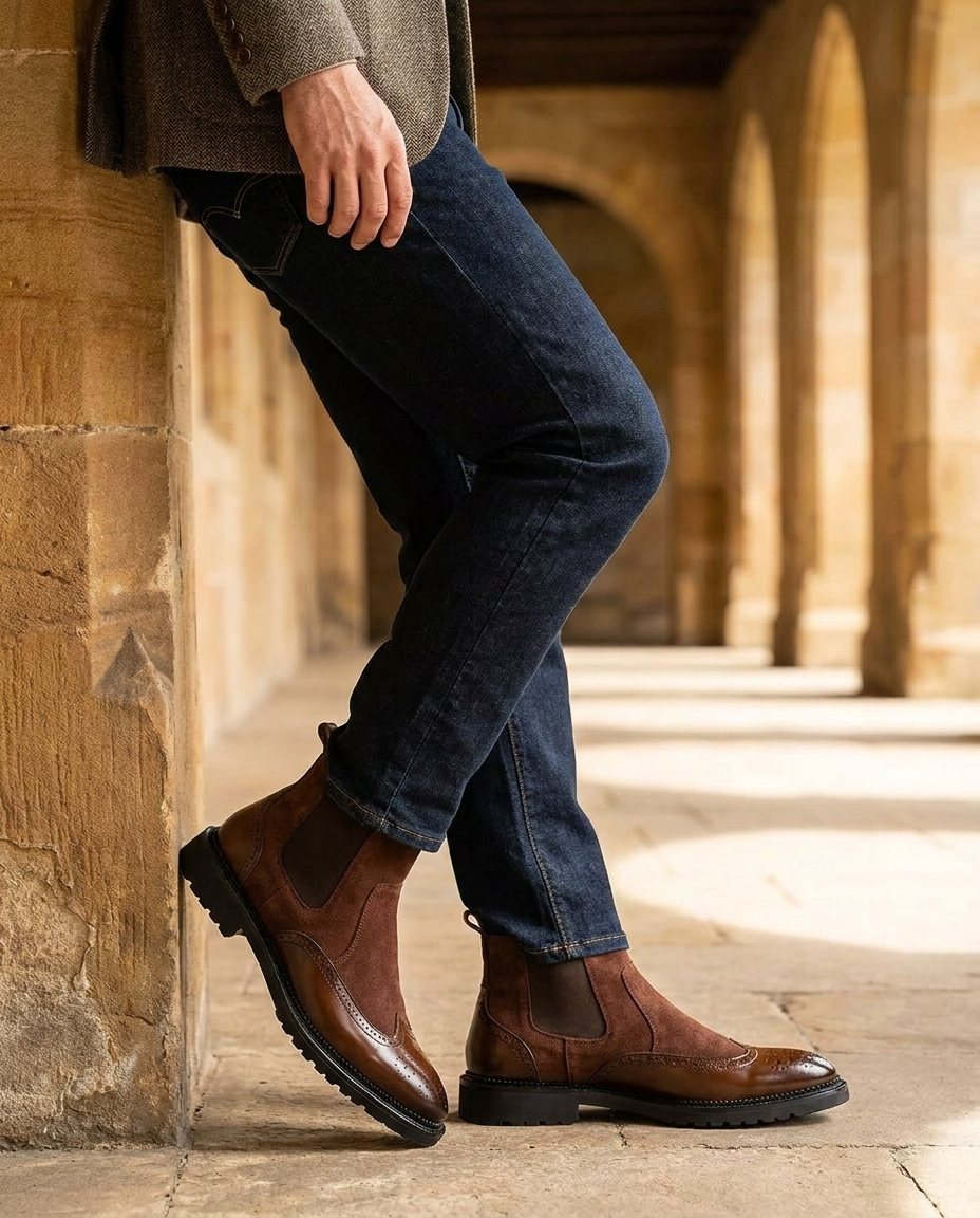 Men's Leather Chelsea Boots with Brogue Detail
