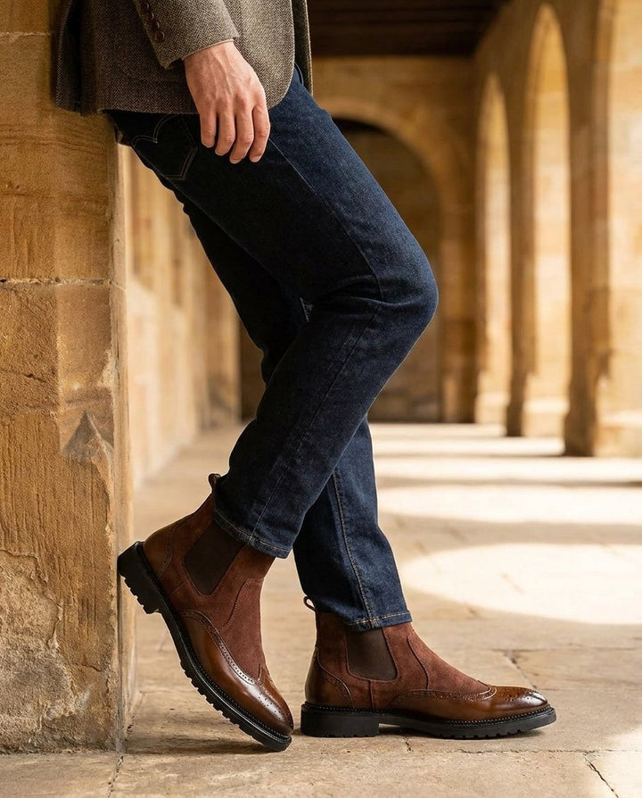 Men's Leather Chelsea Boots with Brogue Detail