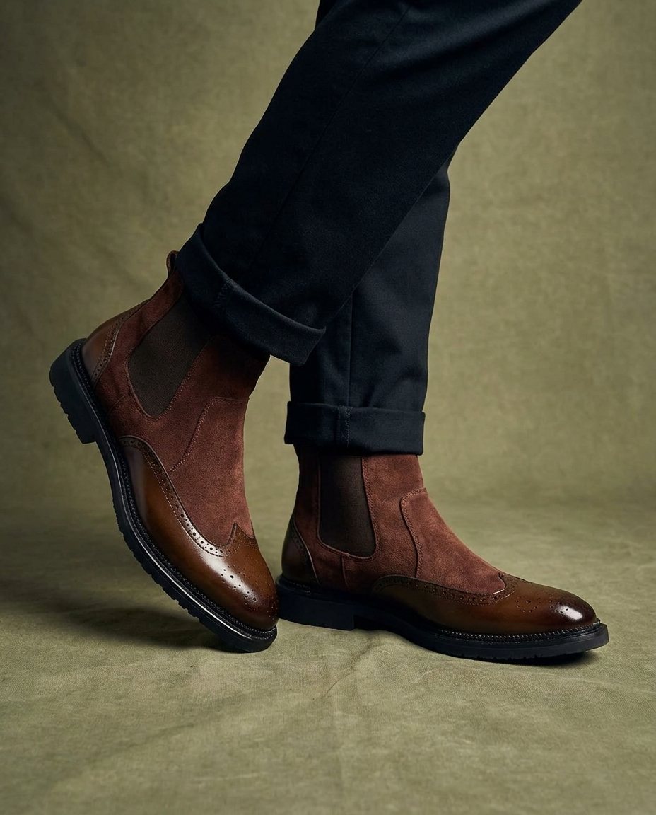 Men's Leather Chelsea Boots with Brogue Detail
