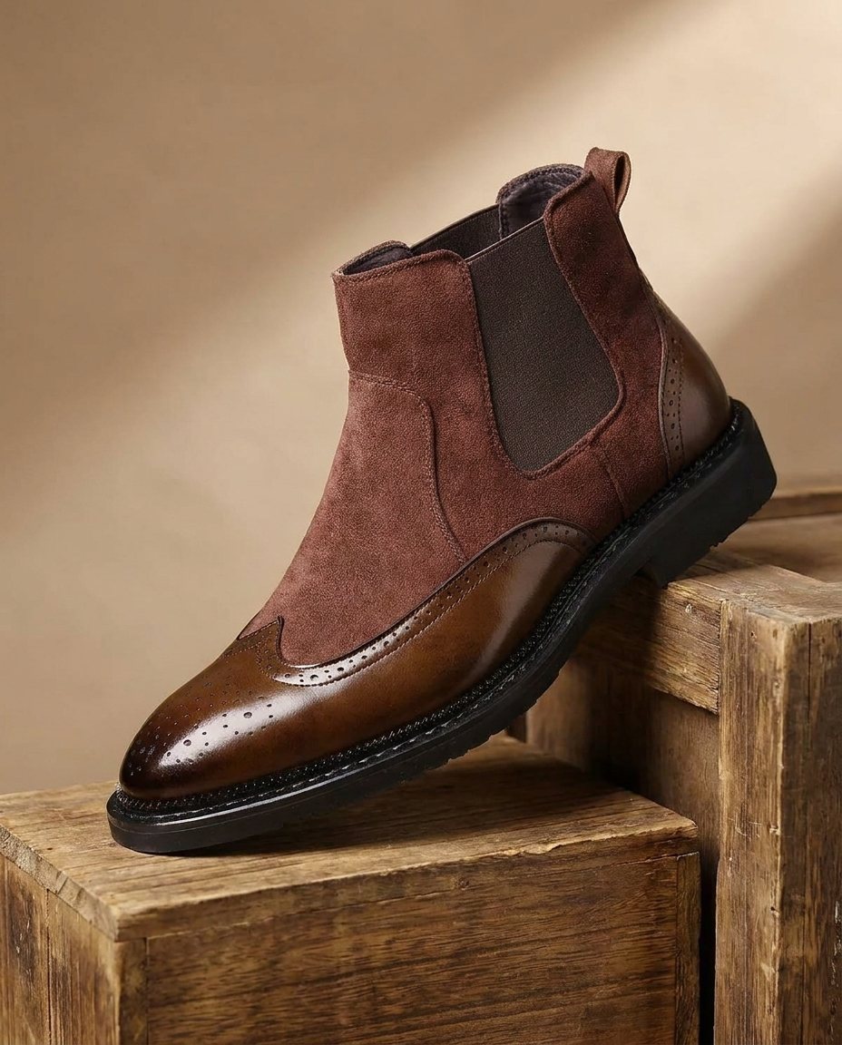 Men's Leather Chelsea Boots with Brogue Detail