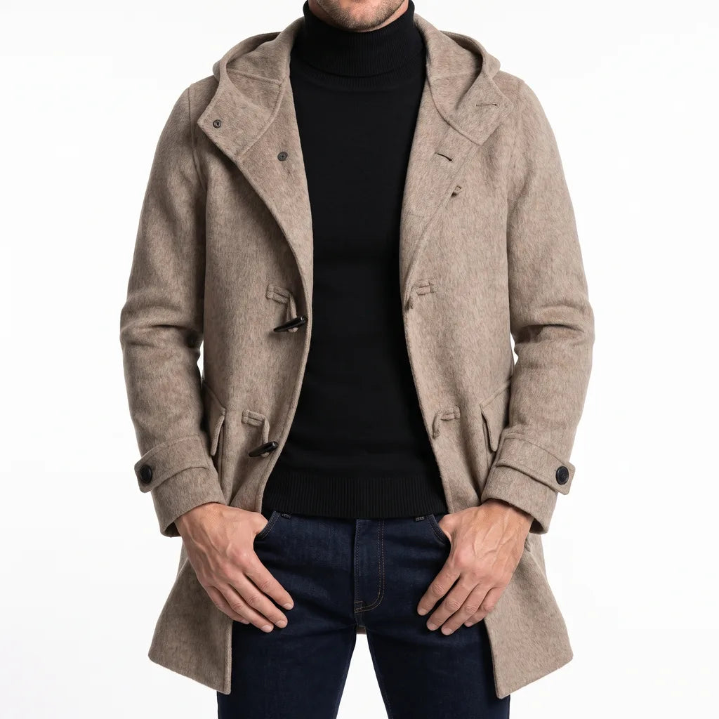 Vintara Men's Hooded Wool Blend Coat Warm Winter Trench Overcoat