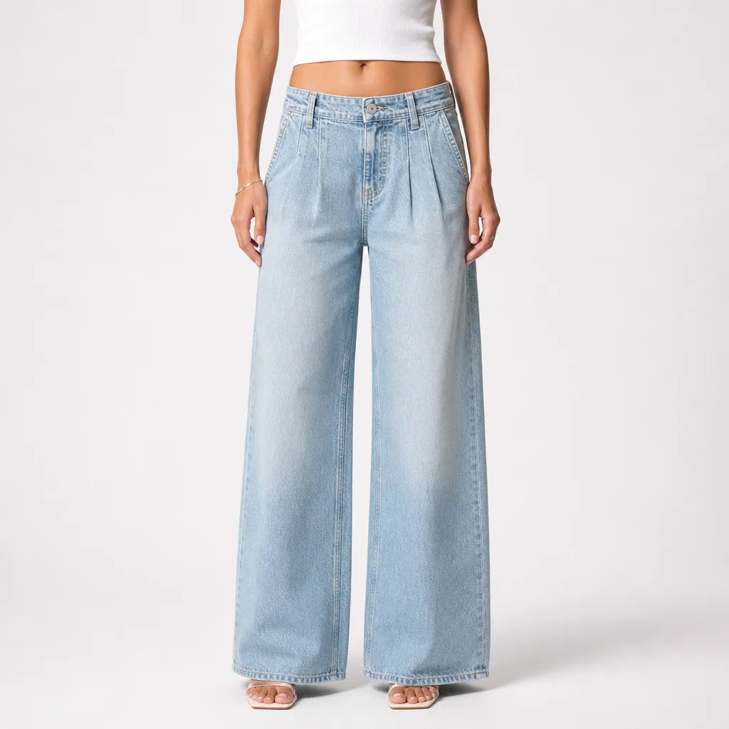 Women's Baggy Wide-Leg Jeans - High-Waisted Faded Mom Denim