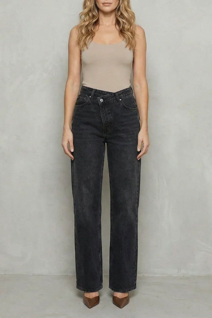 Women Cross Button Straight-Leg Denim Jeans