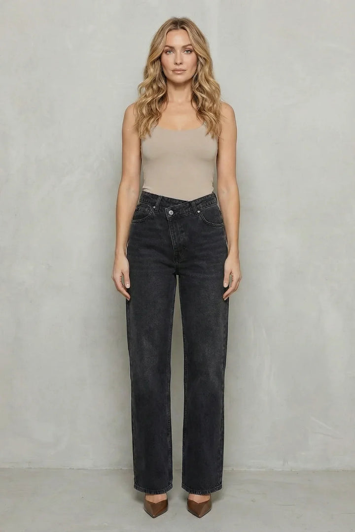 Women Cross Button Straight-Leg Denim Jeans