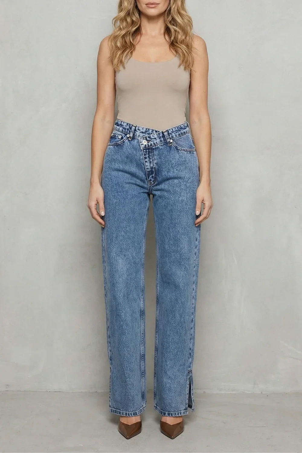 Women Cross Button Straight-Leg Denim Jeans