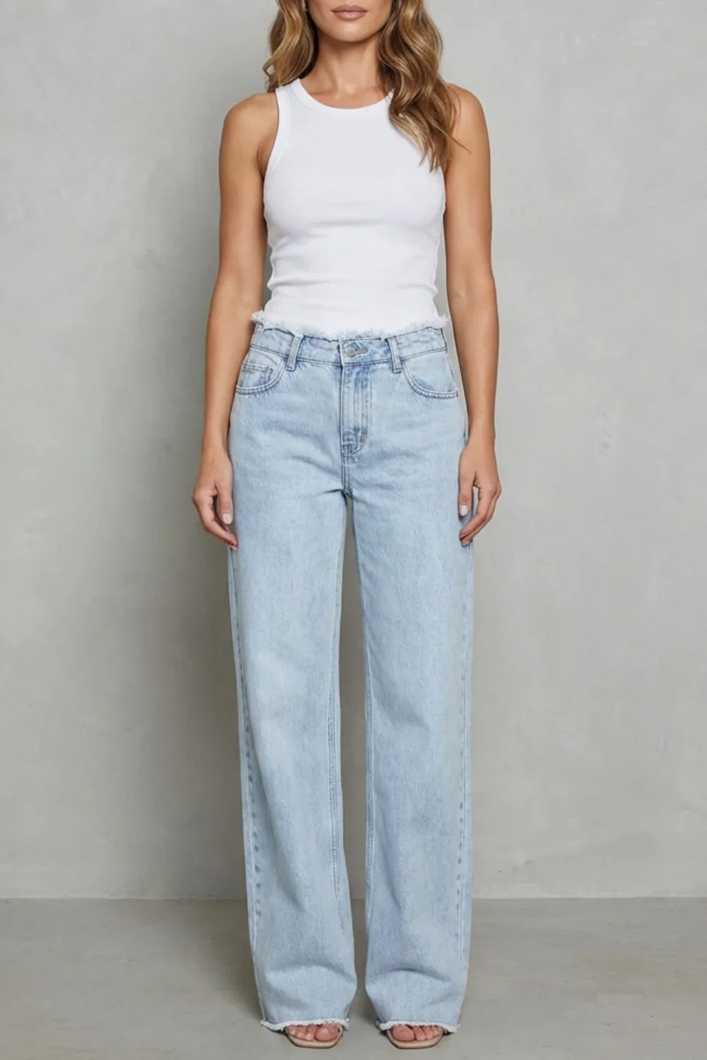 Women’s High-Waist Wide-Leg Jeans with Raw Frayed Hem – Light Blue Denim