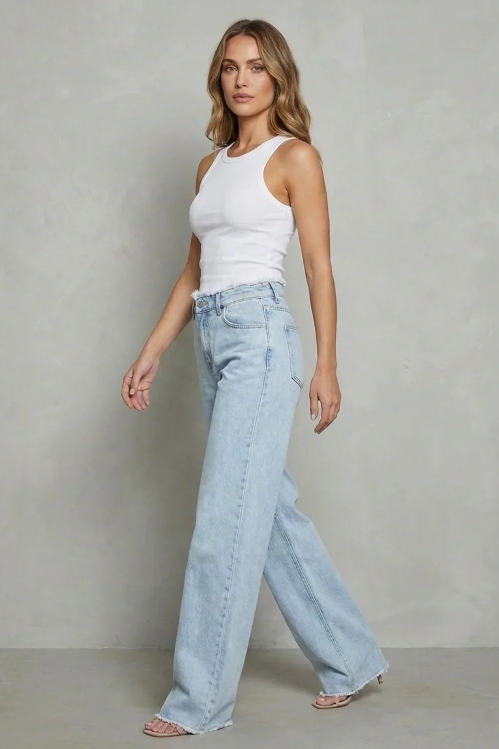 Women’s High-Waist Wide-Leg Jeans with Raw Frayed Hem – Light Blue Denim