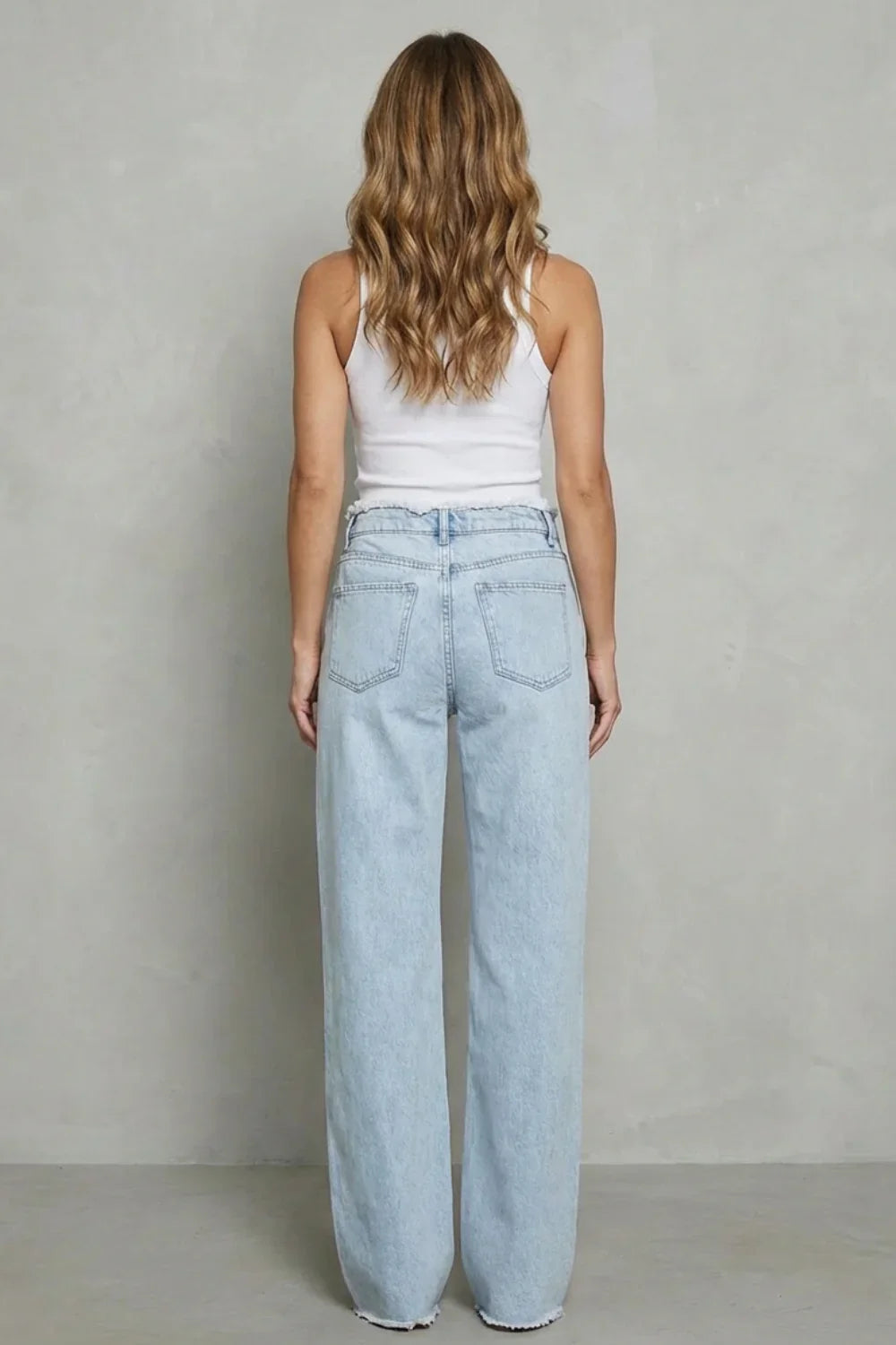 Women’s High-Waist Wide-Leg Jeans with Raw Frayed Hem – Light Blue Denim