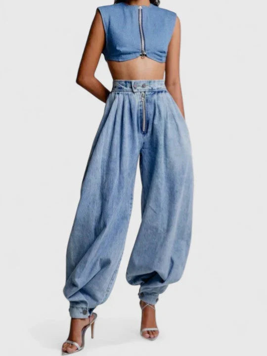 High-Waisted Pleated Baggy Jeans with Cuffed Hem