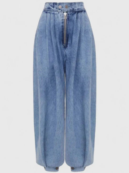 High-Waisted Pleated Baggy Jeans with Cuffed Hem