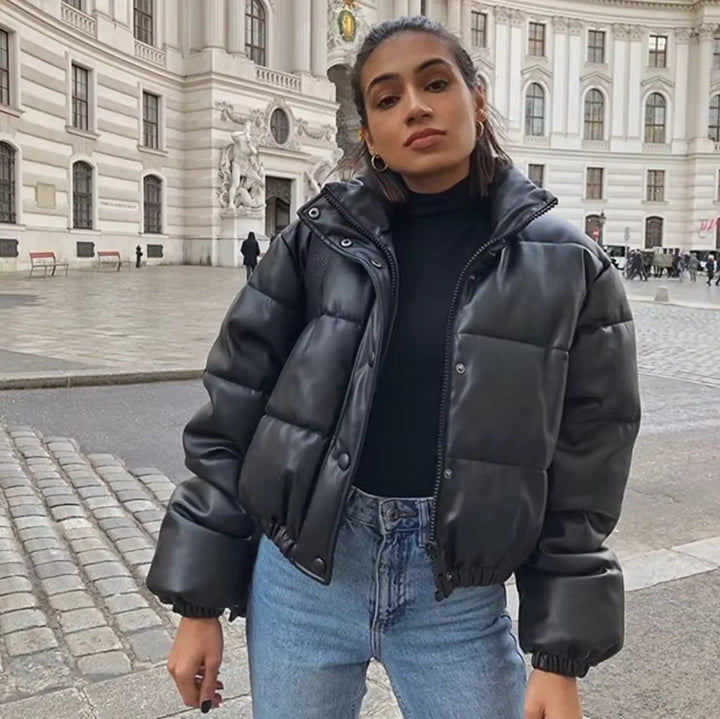 Winter Vegan Leather Puffer Jacket Women Cropped High Collar