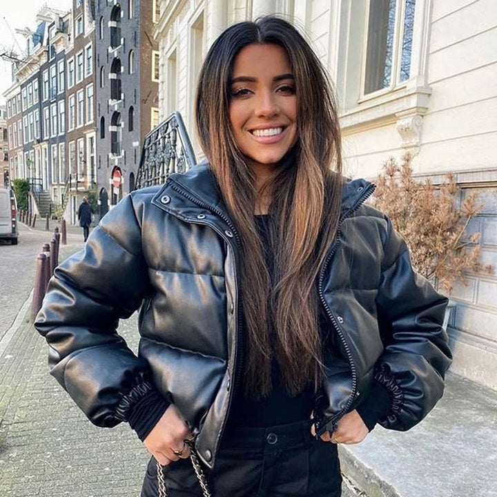 Winter Vegan Leather Puffer Jacket Women Cropped High Collar