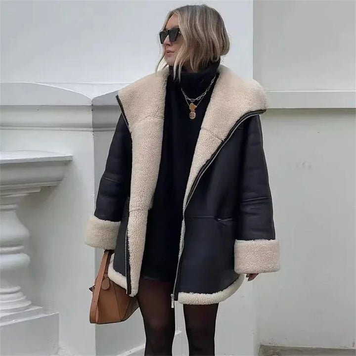 Winter Aviator Jacket Women Faux Shearling Faux Leather Oversized
