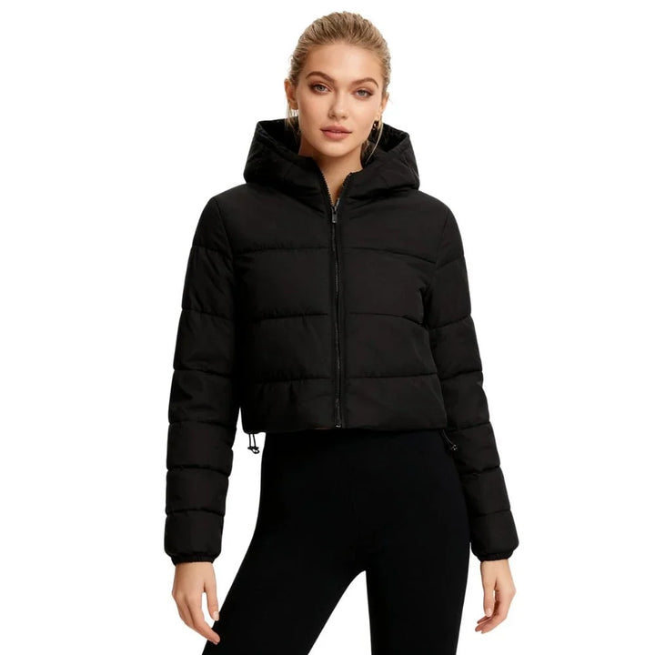 Winter Cropped Puffer Jacket Women Black Hooded Zip Coat