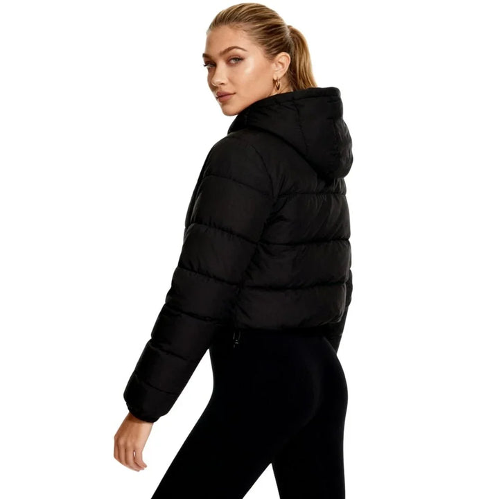 Winter Cropped Puffer Jacket Women Black Hooded Zip Coat