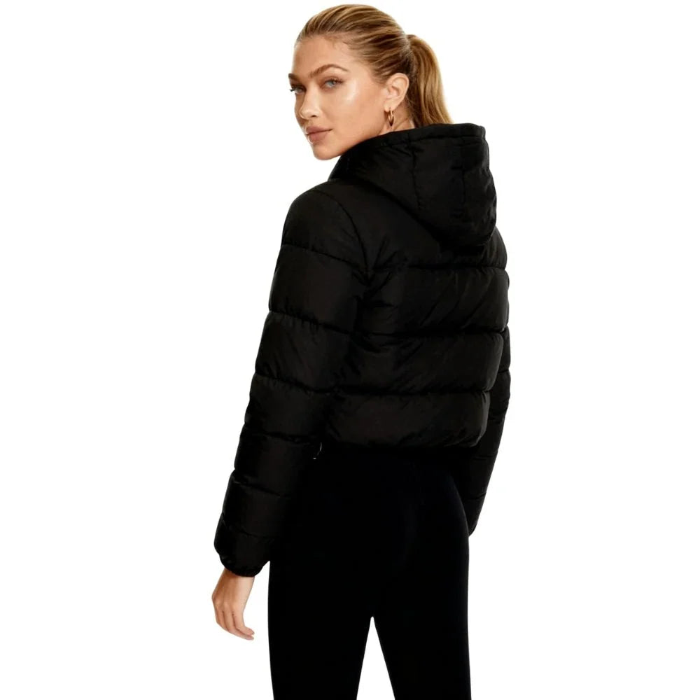 Winter Cropped Puffer Jacket Women Black Hooded Zip Coat