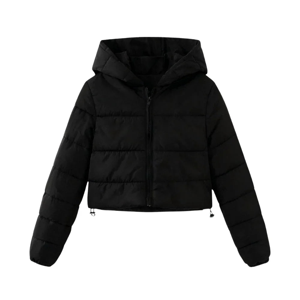 Winter Cropped Puffer Jacket Women Black Hooded Zip Coat